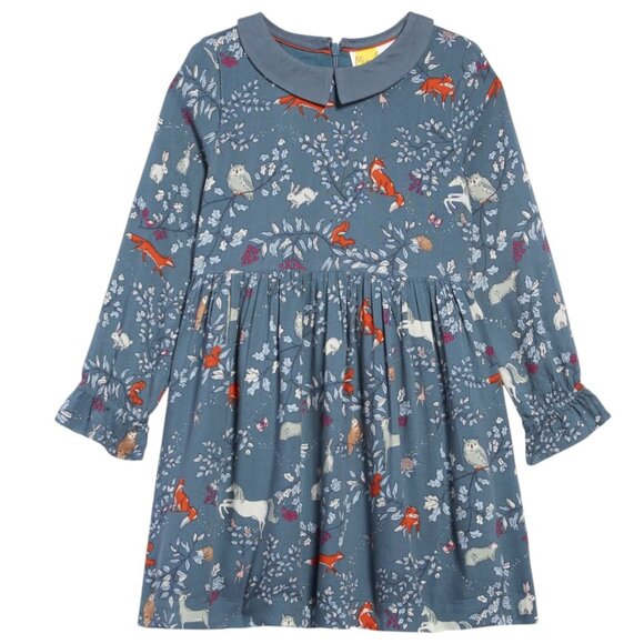 Mini Boden Woodland Print Dress Blue Bishop Sleeve Dress with Collar 6-7 Years - Picture 1 of 6